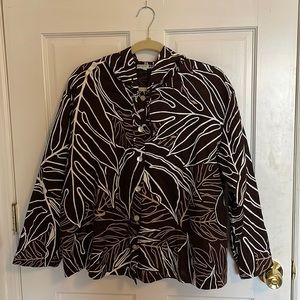 Womens sz L Sig Zane chocolate brown jacket with Monstera design